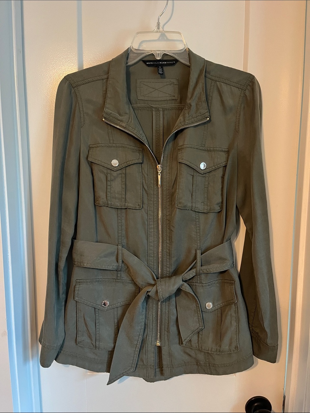 White House Black Market Olive Utility Jacket with Waist Tie